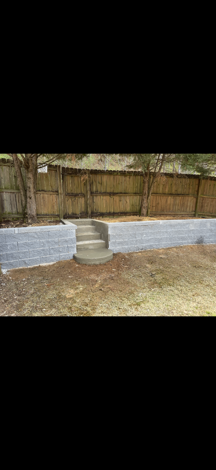 Retaining wall with integrated concrete steps in a finished backyard project